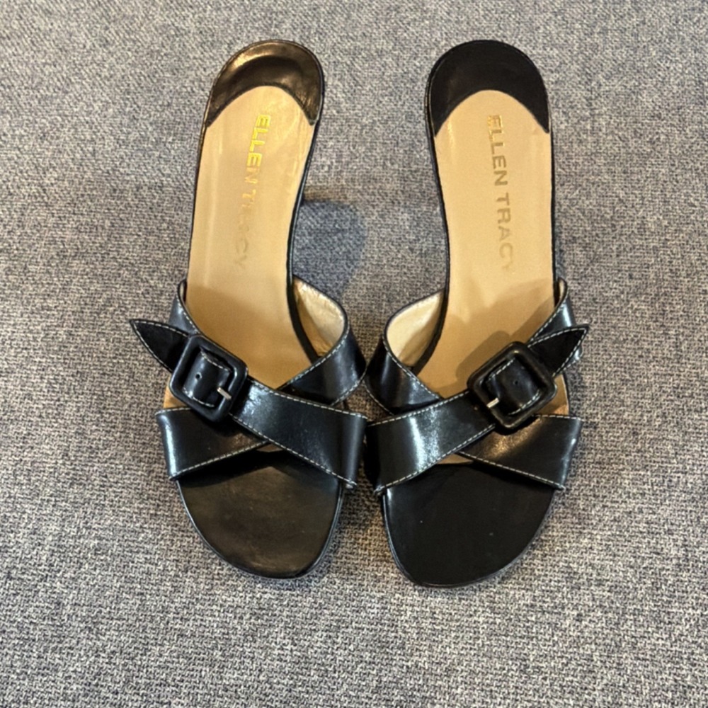 Ellen Tracy Mule Stiletto Heels Black Leather Buckle Strap Open Toe Sz 6 Y2K